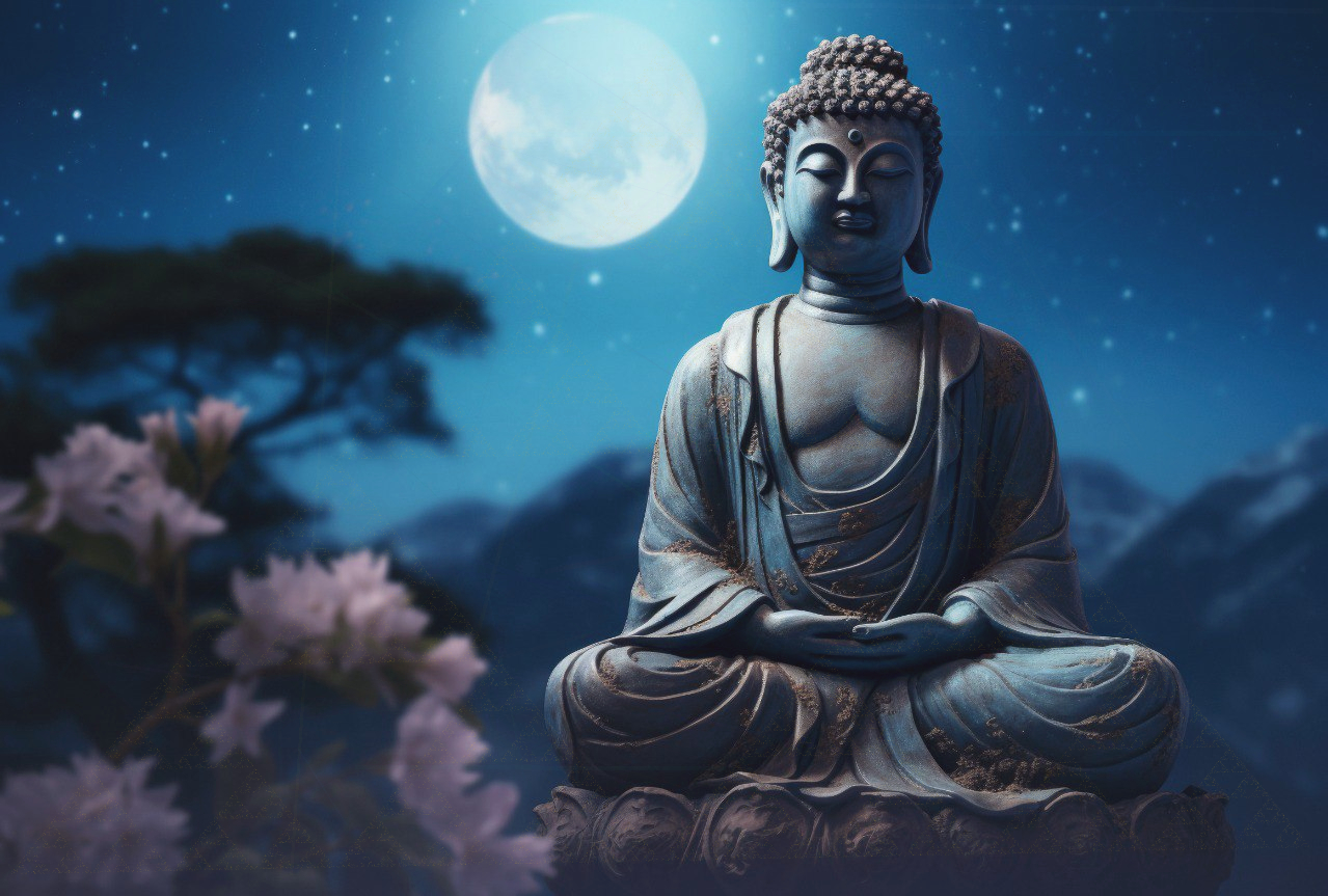 Imagine cu un arbore secular și siluetă meditativă